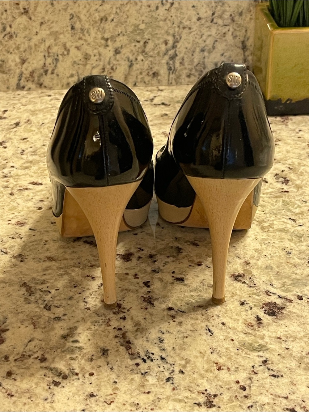 Stuart Weitzman Black Patent Peep-Toe Pumps with Tan Platform - Picture 3 of 8